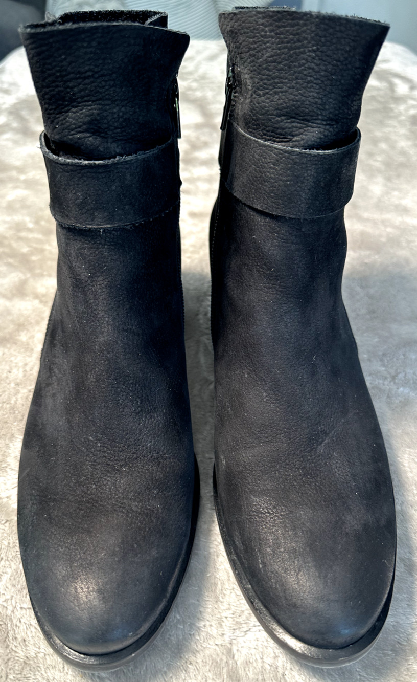 Paul Green Black Leather Nubuck Sheridan Ankle Moto Zip Boots Womens US Size 9
